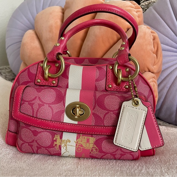 y2k Coach Pink Heritage Stripe Mini Domed Top Handle Satchel Bag ✨💕 - Picture 1 of 17
